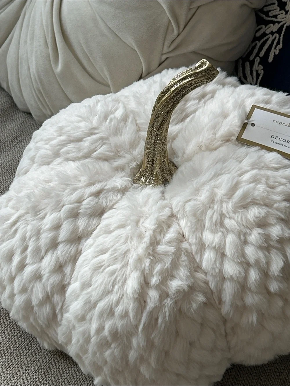 NEW! Shabby Chic Faux Fur Fall Harvest Creamy White Pumpkin Pillow & Gold Stem